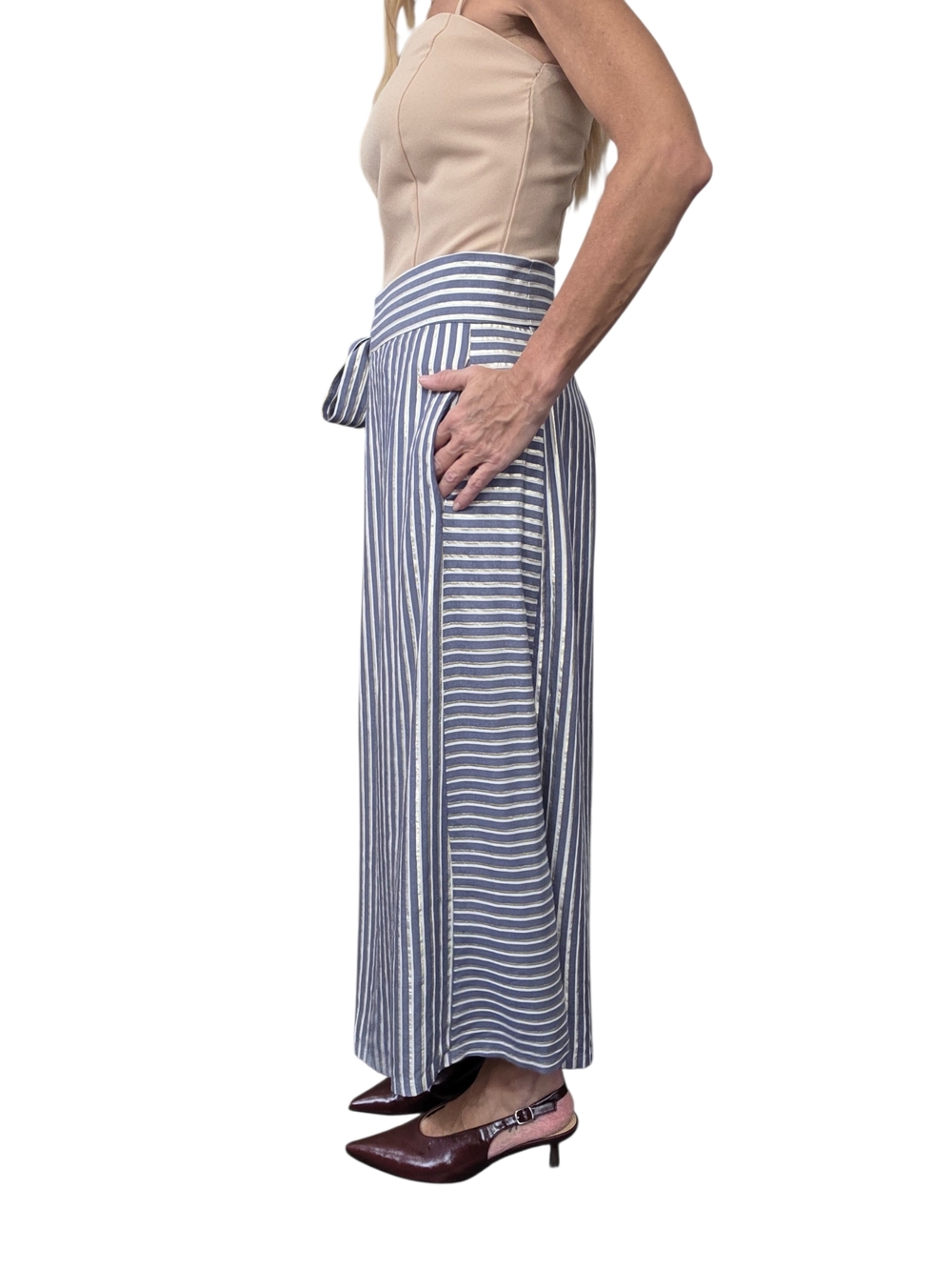 Eva Franco Striped Wide Leg Crop Pants Gold Lurex Tie Waist 6 - Picture 2 of 12